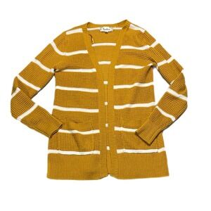 Women goldenrod Striped Long Sleeve Open Front Pocket Cardigan Sweater Size S